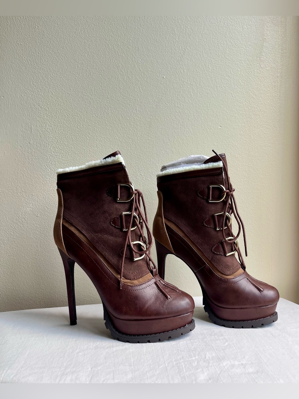 Jazelle Brown Lace-Up High Heel Ankle Boots with Faux Shearling Trim